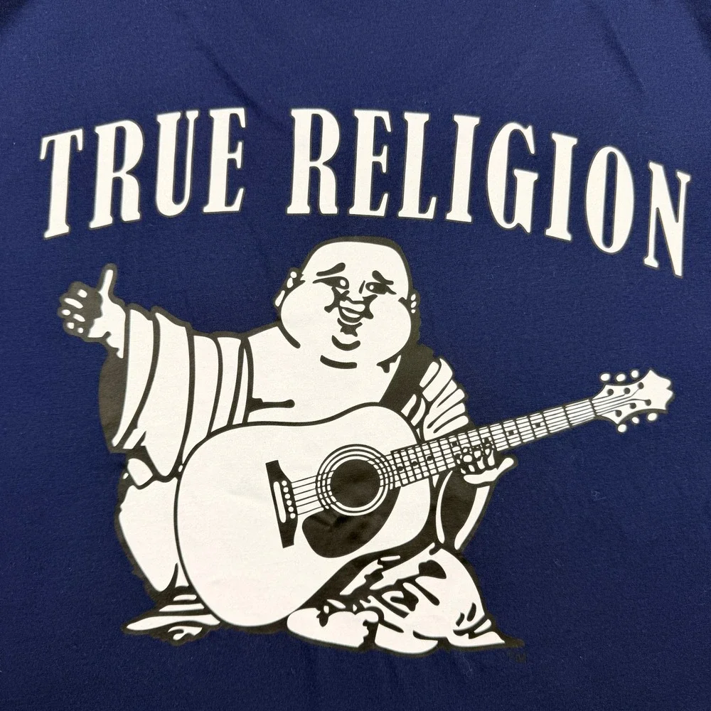 True Religion Men's L Large Buddha Guitar‎ Graphic Short Sleeve Tee Navy Blue